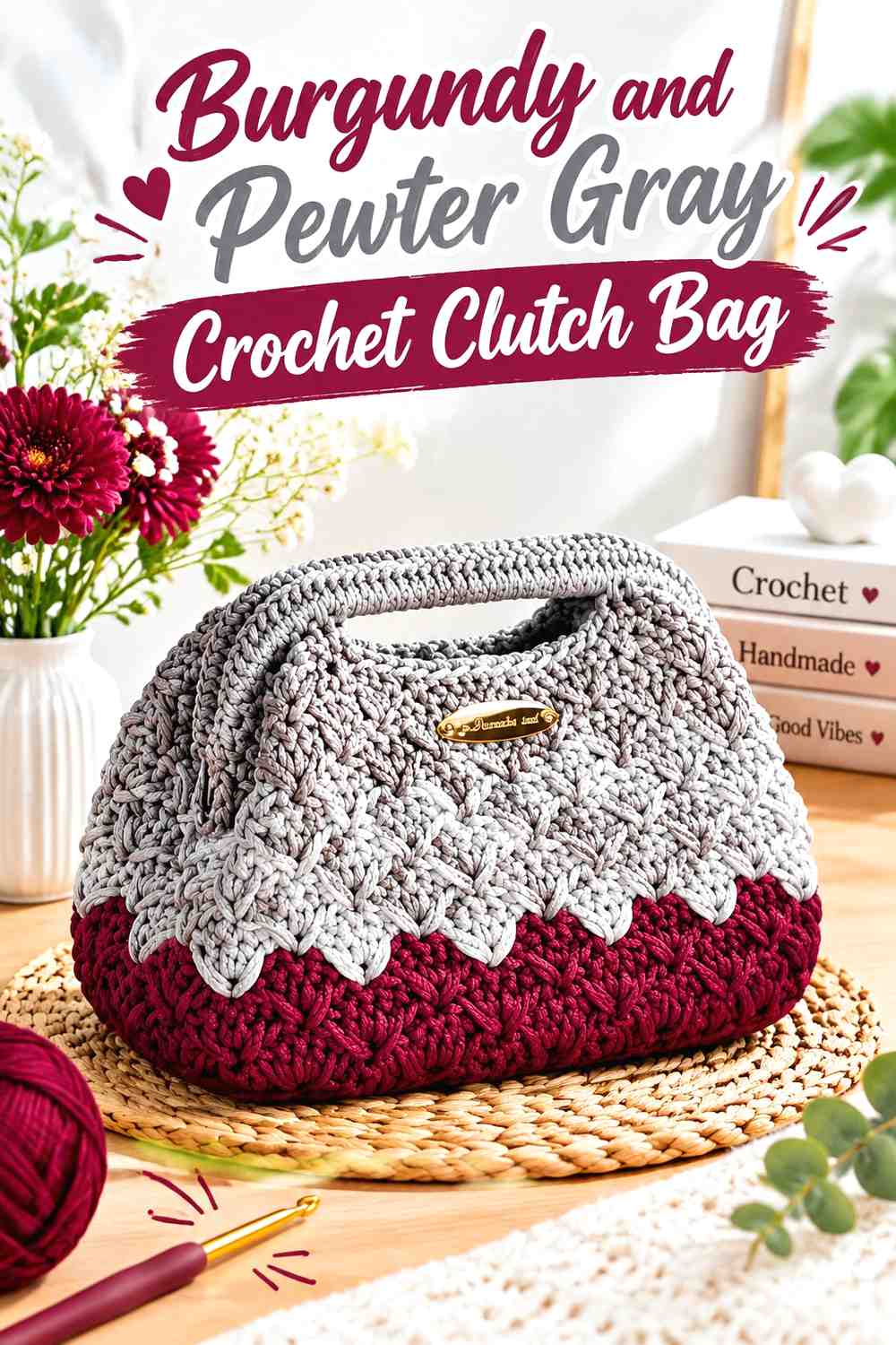 11. Burgundy And Pewter Gray Crochet Clutch Bag