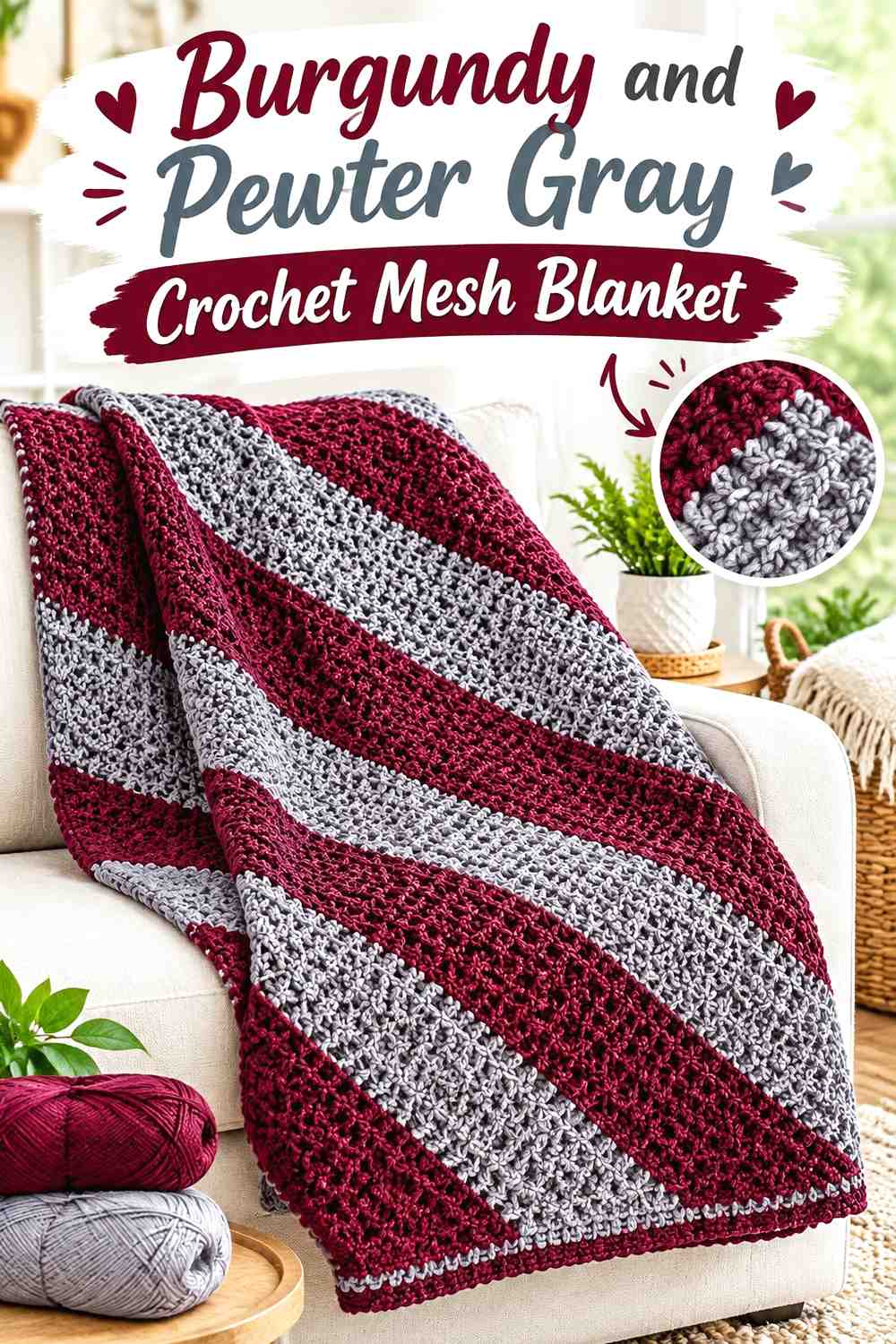 2. Burgundy And Pewter Gray Crochet Mesh Blanket