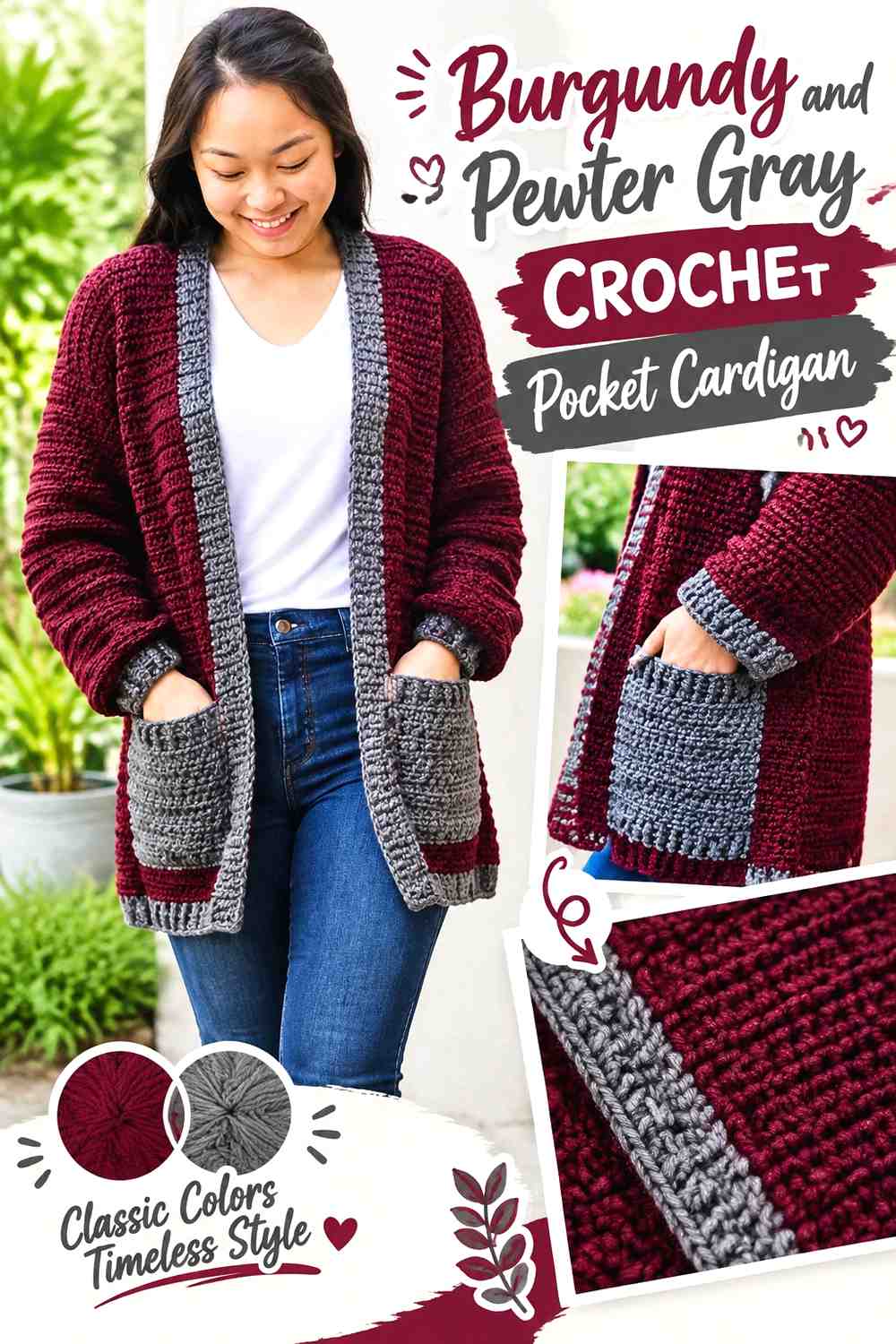 3. Burgundy And Pewter Gray Crochet Pocket Cardigan