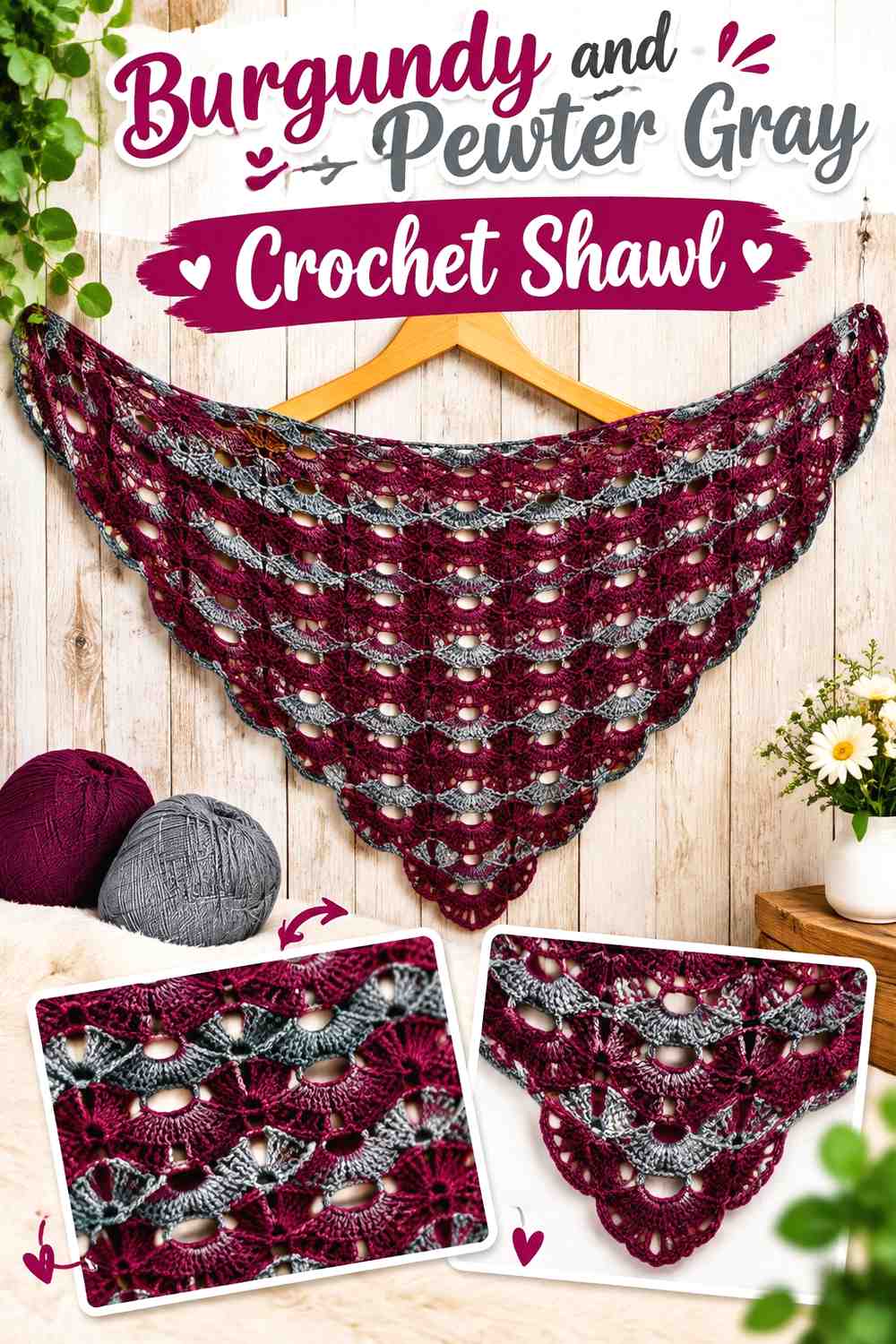 5. Burgundy And Pewter Gray Crochet Shawl