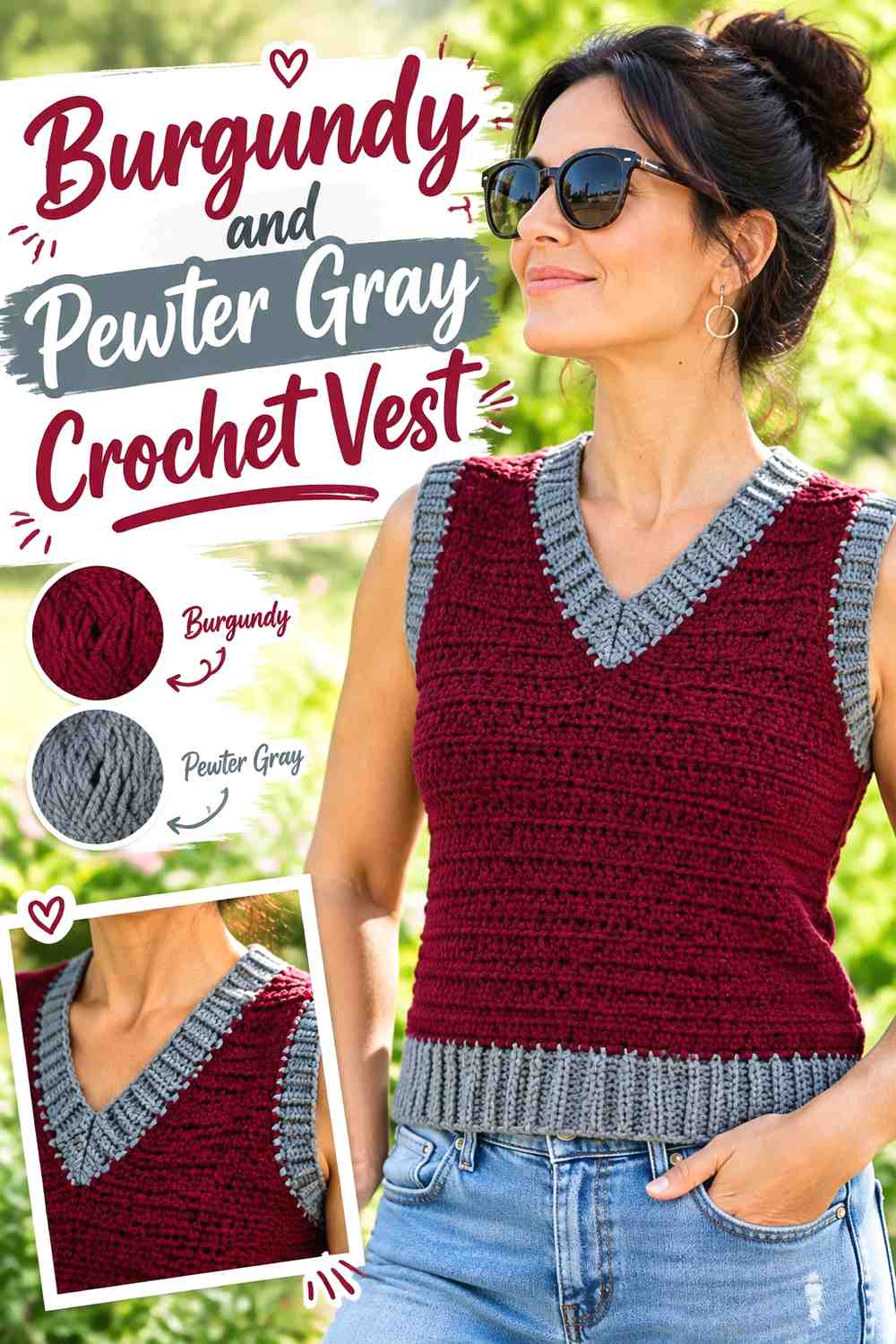 13. Burgundy And Pewter Gray Crochet Vest