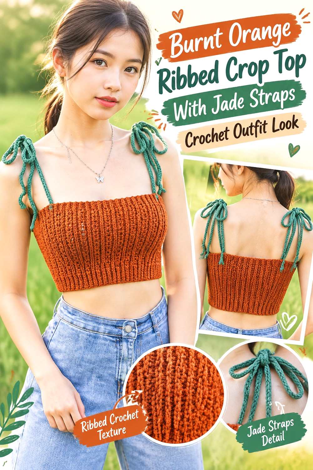 3. Burnt Orange Ribbed Crop Top With Jade Straps Crochet Outfit Look