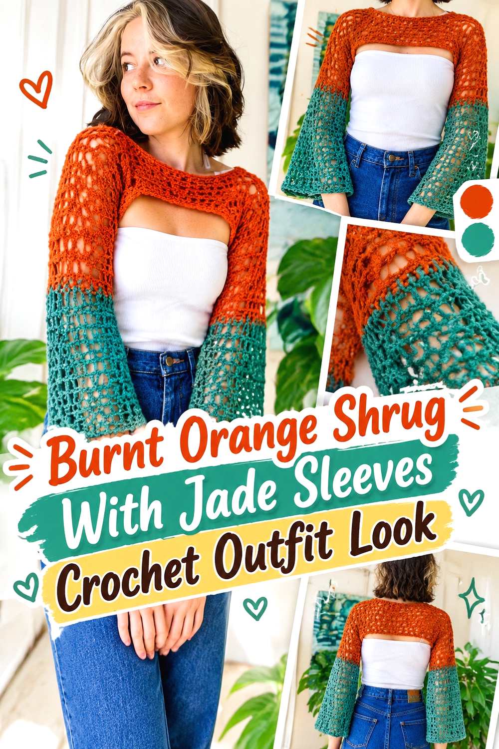 5. Burnt Orange Shrug With Jade Sleeves Crochet Outfit Look