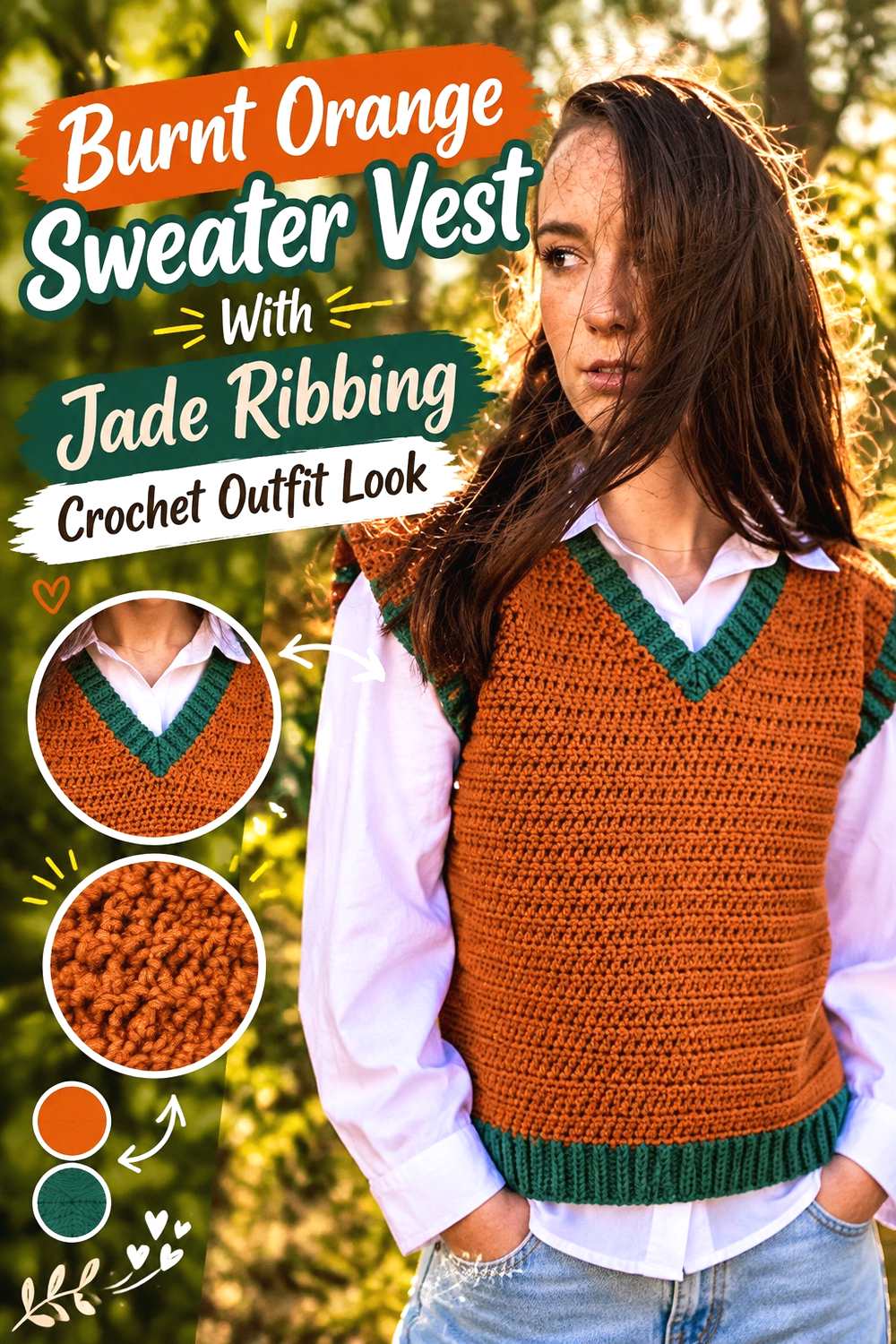 14. Burnt Orange Sweater Vest With Jade Ribbing Crochet Outfit Look