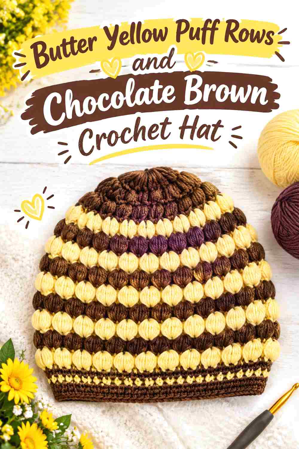 1. Butter Yellow Puff Rows And Chocolate Brown Crochet Hat
