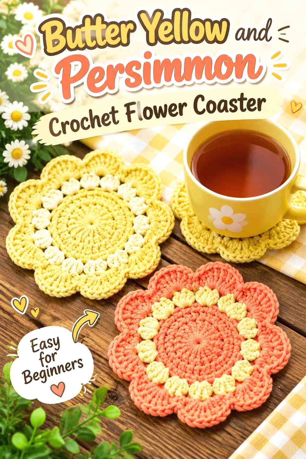 7. Butter Yellow And Persimmon Crochet Flower Coaster