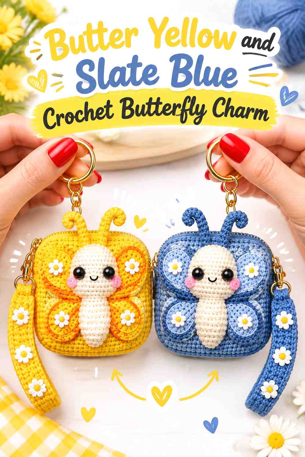 11. Butter Yellow And Slate Blue Crochet Butterfly Charm