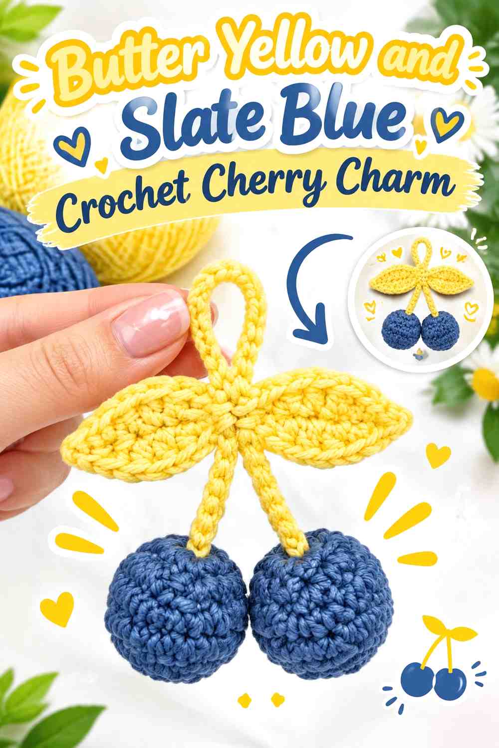 4. Butter Yellow And Slate Blue Crochet Cherry Charm
