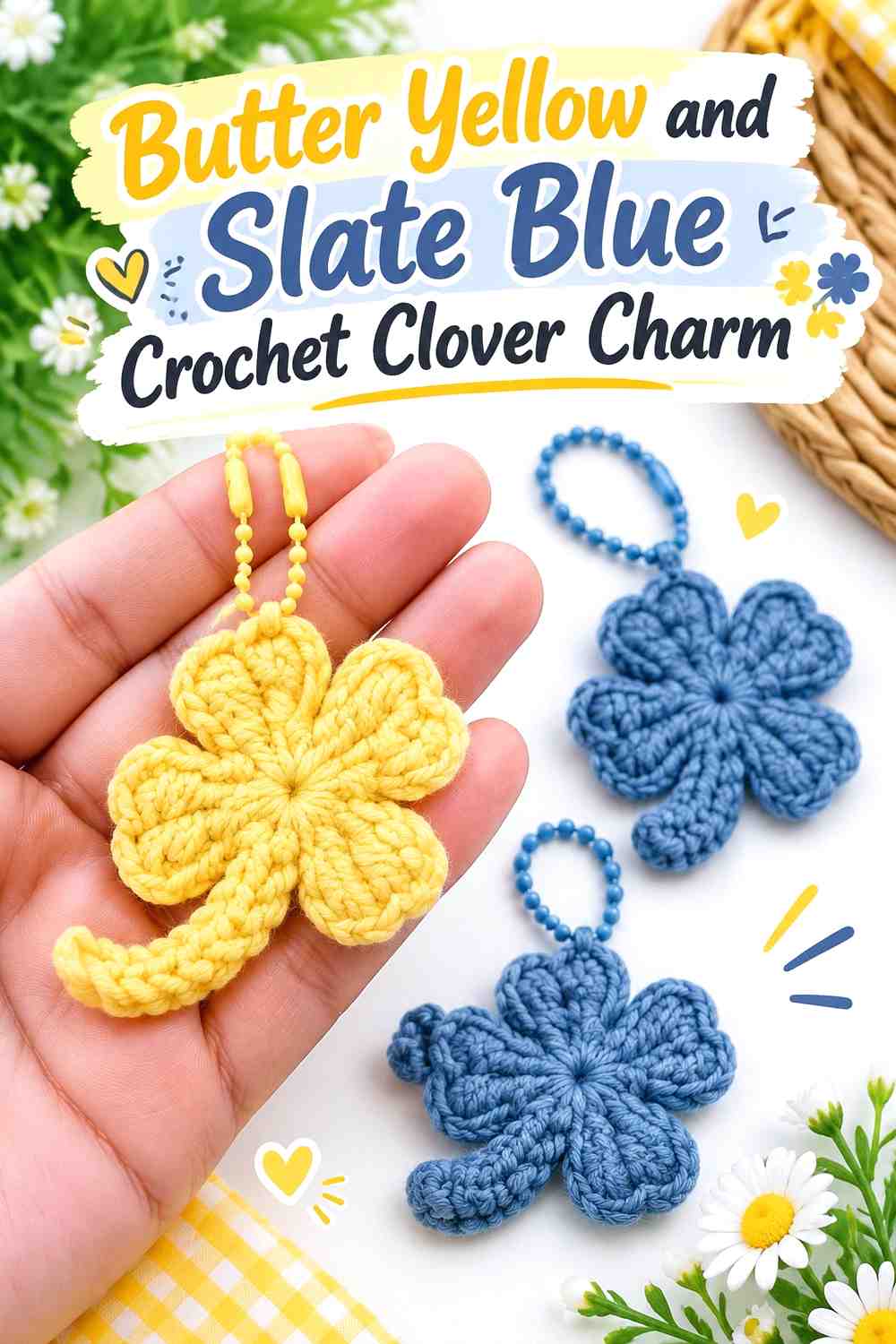 12. Butter Yellow And Slate Blue Crochet Clover Charm