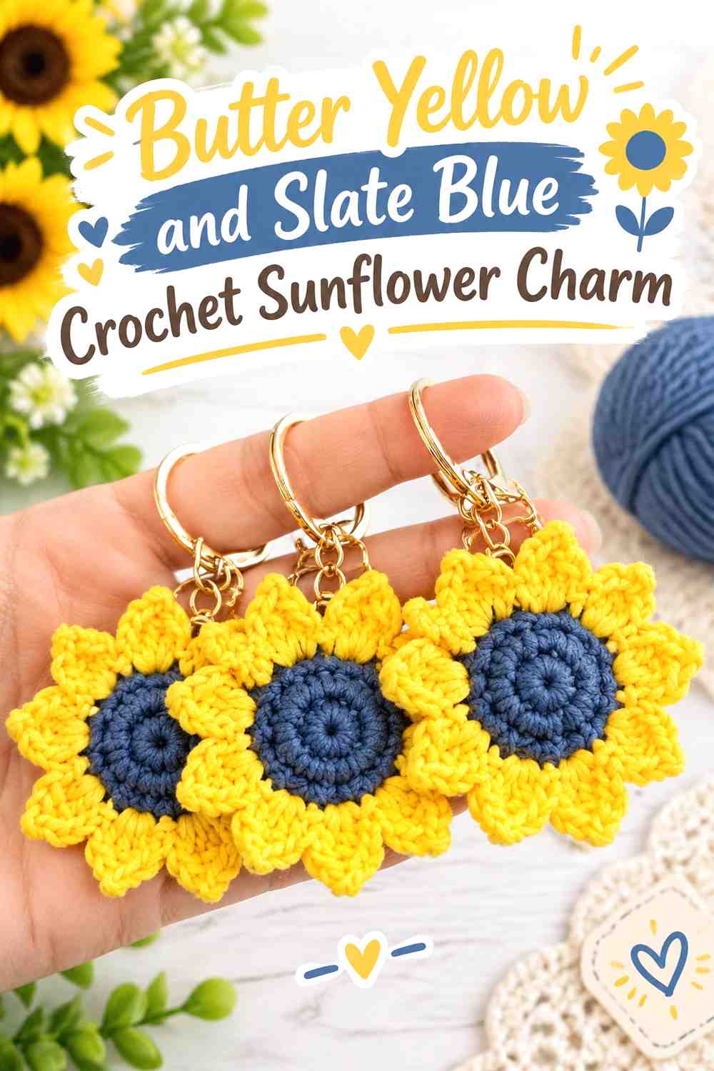 5. Butter Yellow And Slate Blue Crochet Sunflower Charm