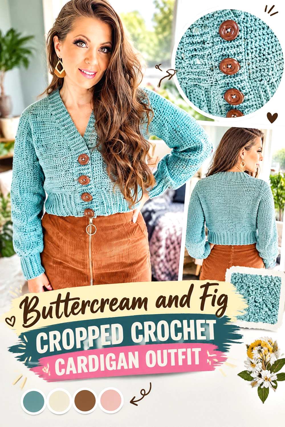 14. Buttercream And Fig Cropped Crochet Cardigan Outfit