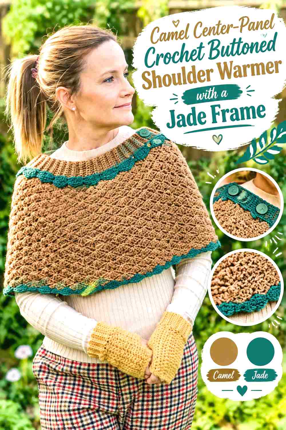 12. Camel Center Panel Crochet Buttoned Shoulder Warmer With A Jade Frame
