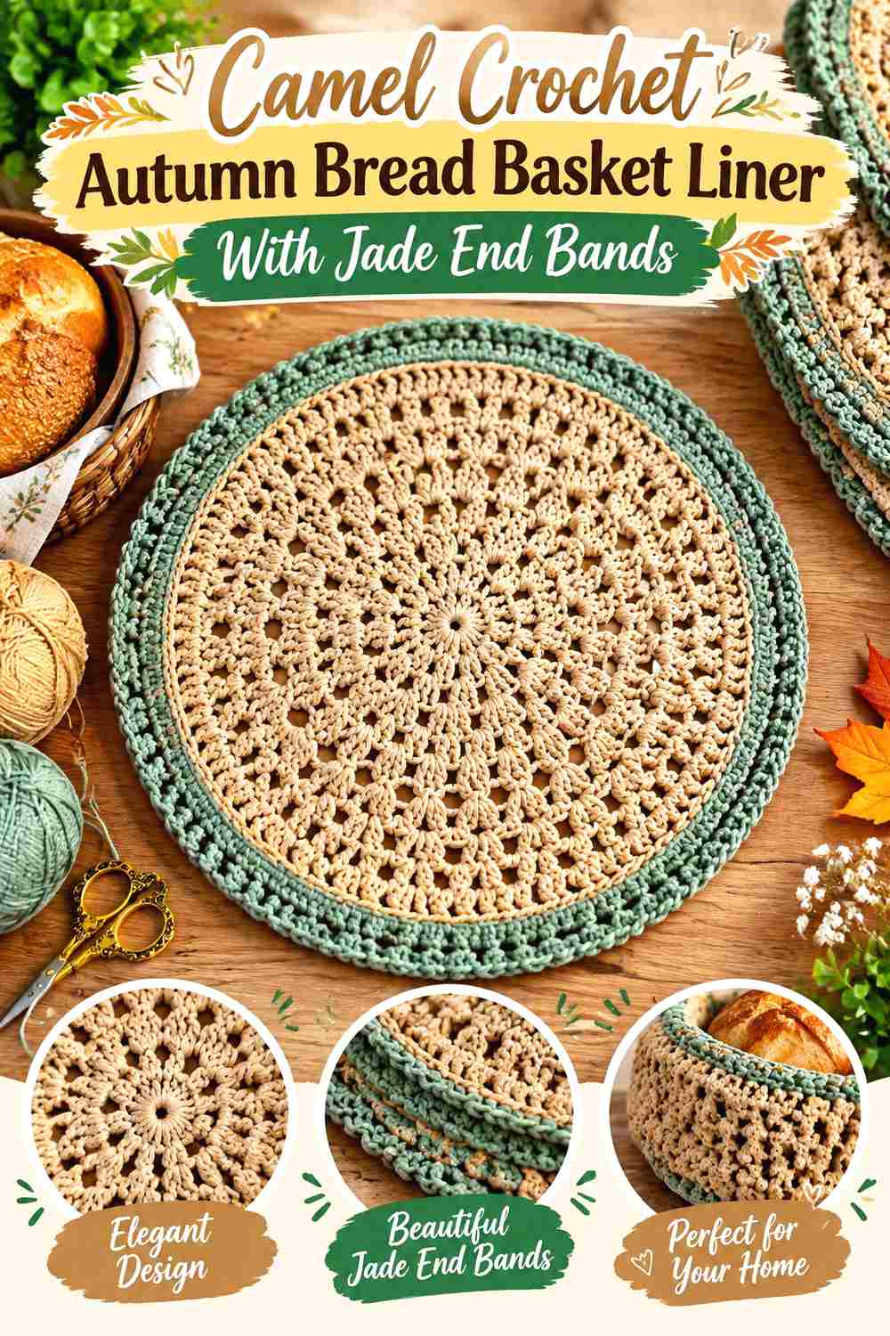 7. Camel Crochet Autumn Bread Basket Liner With Jade End Bands