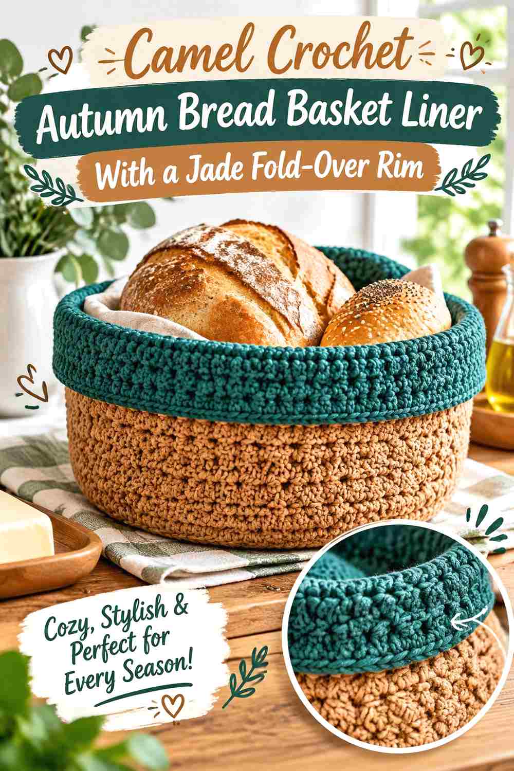 10. Camel Crochet Autumn Bread Basket Liner With A Jade Fold Over Rim