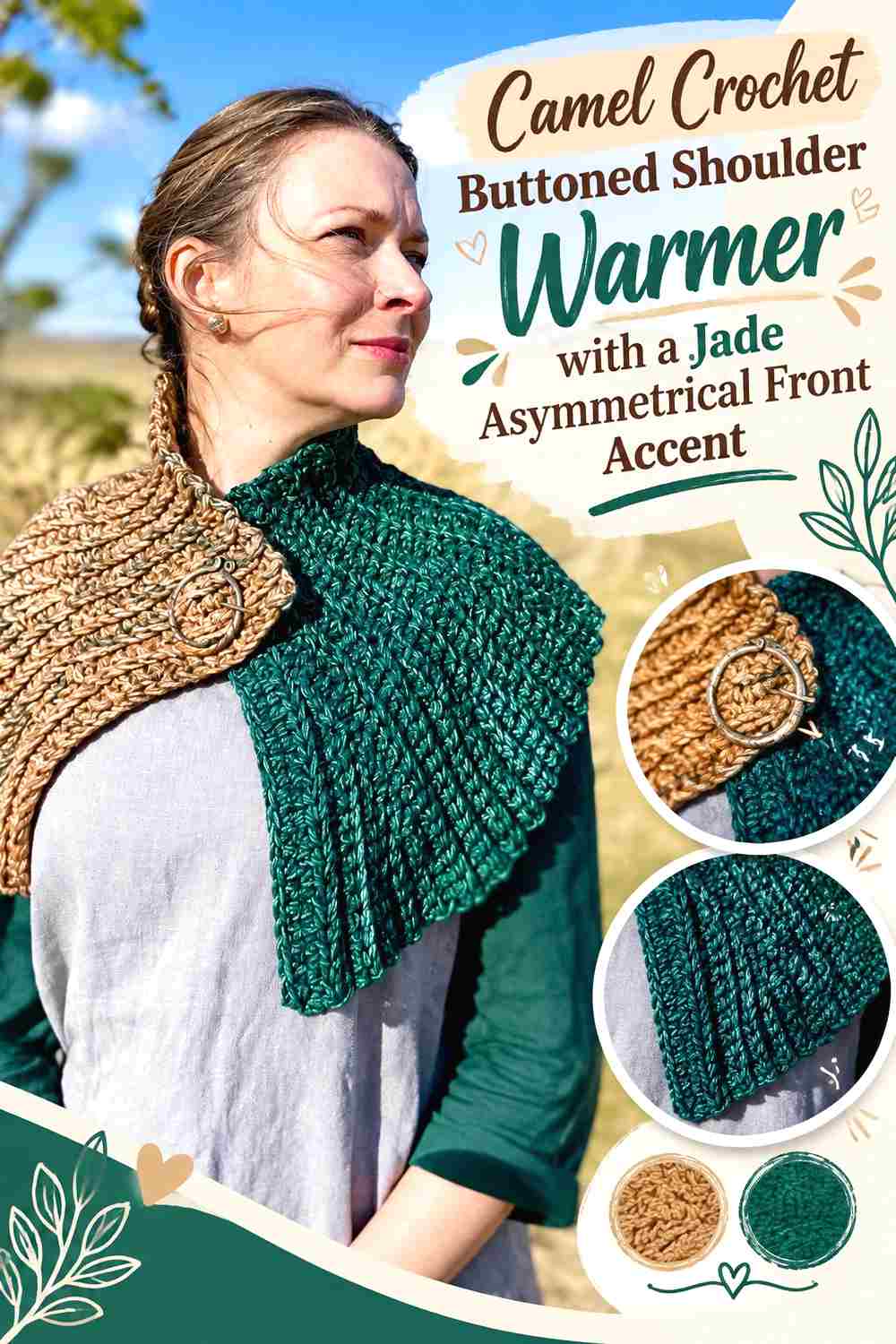 7. Camel Crochet Buttoned Shoulder Warmer With A Jade Asymmetrical Front Accent