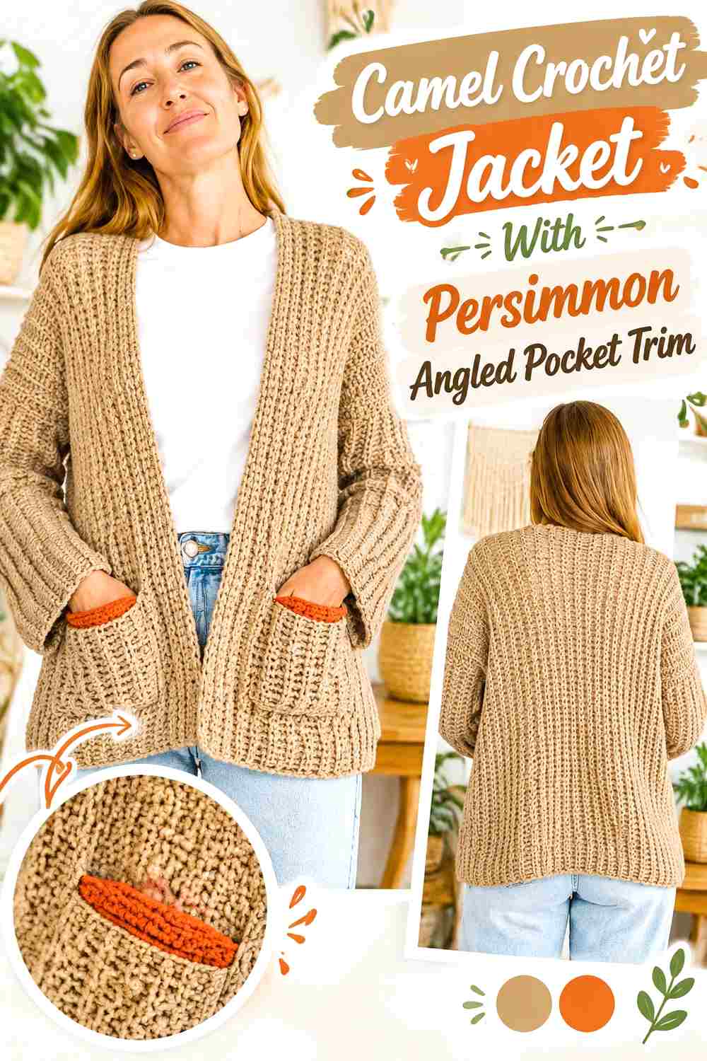11. Camel Crochet Jacket With Persimmon Angled Pocket Trim