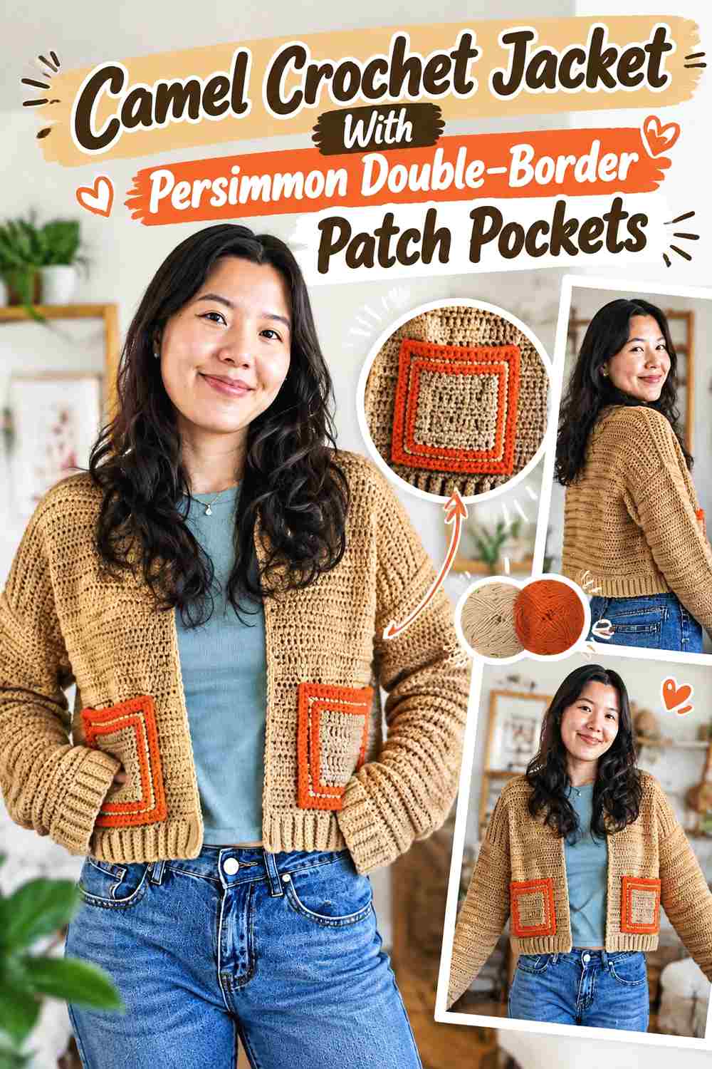 3. Camel Crochet Jacket With Persimmon Double Border Patch Pockets