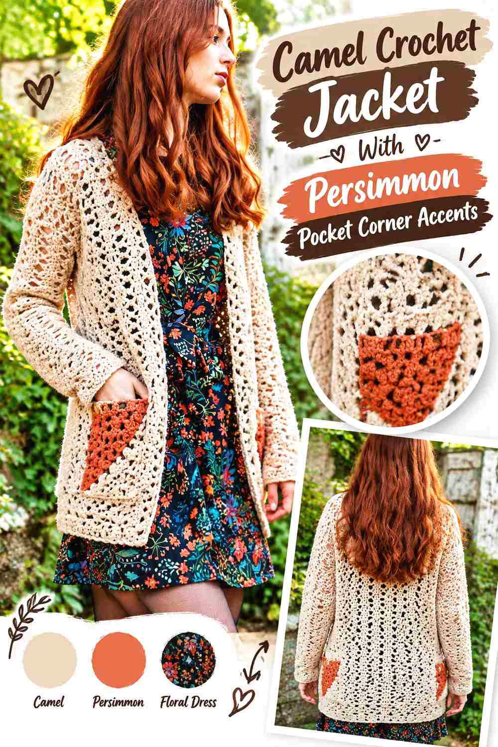 7. Camel Crochet Jacket With Persimmon Pocket Corner Accents