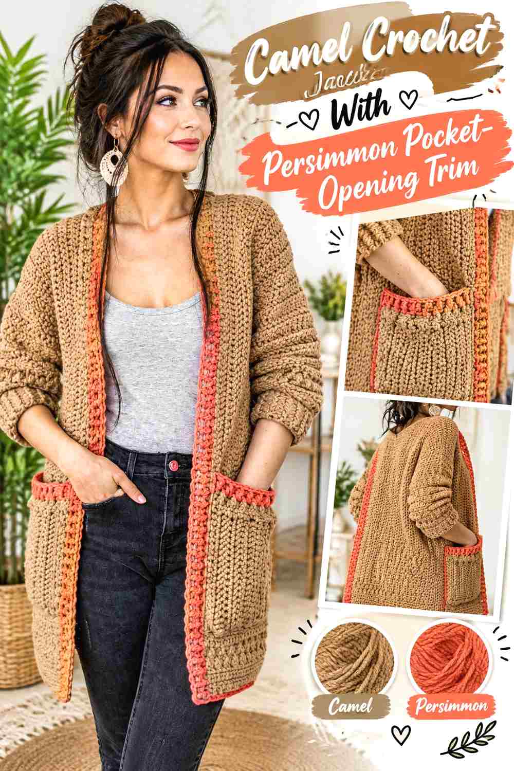 1. Camel Crochet Jacket With Persimmon Pocket Opening Trim