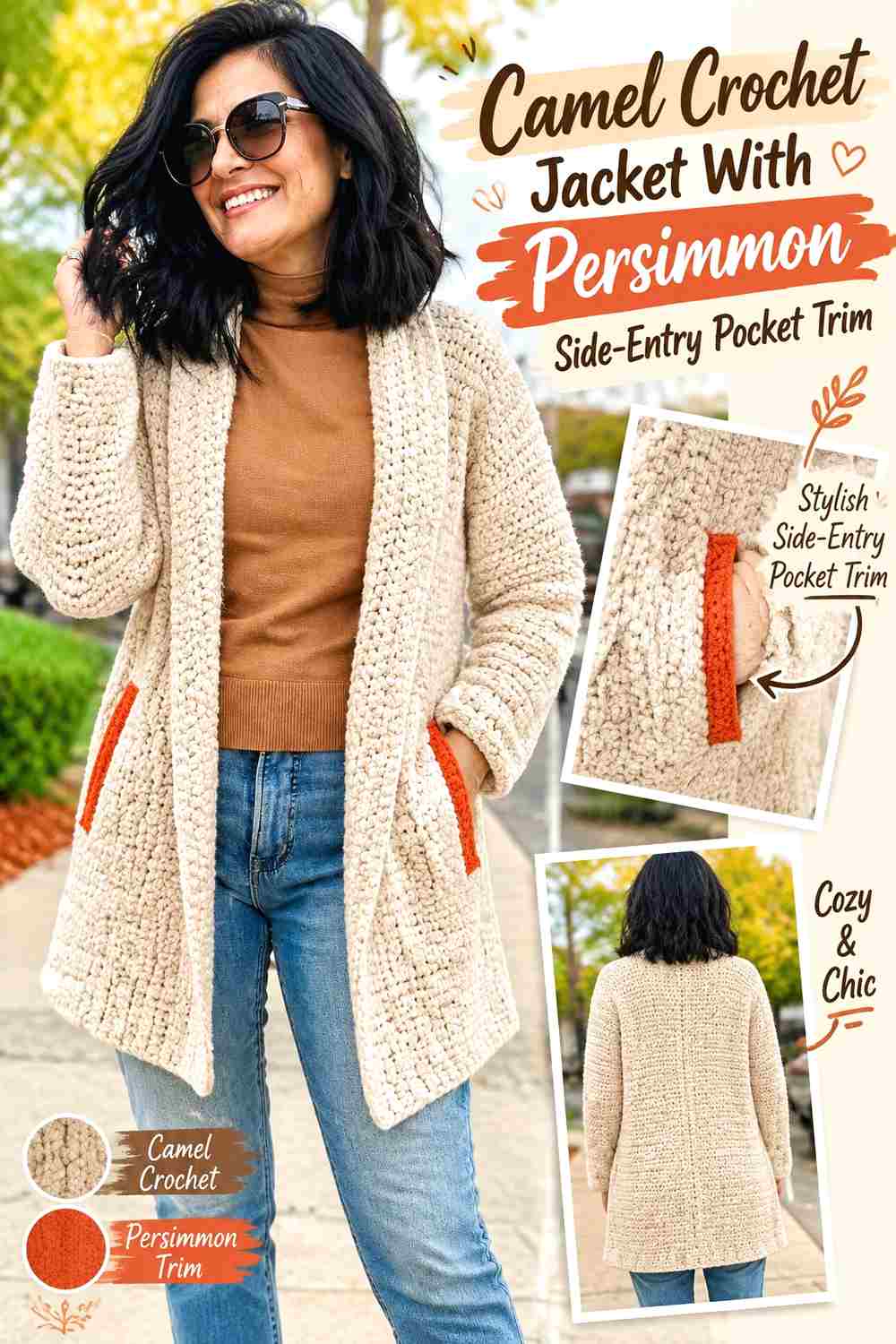 6. Camel Crochet Jacket With Persimmon Side Entry Pocket Trim