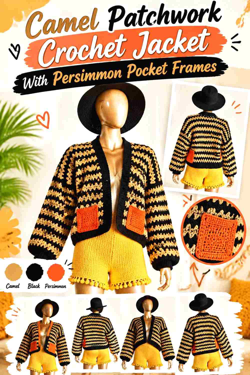 13. Camel Patchwork Crochet Jacket With Persimmon Pocket Frames