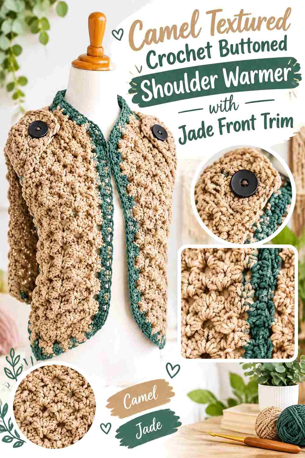 15. Camel Textured Crochet Buttoned Shoulder Warmer With Jade Front Trim