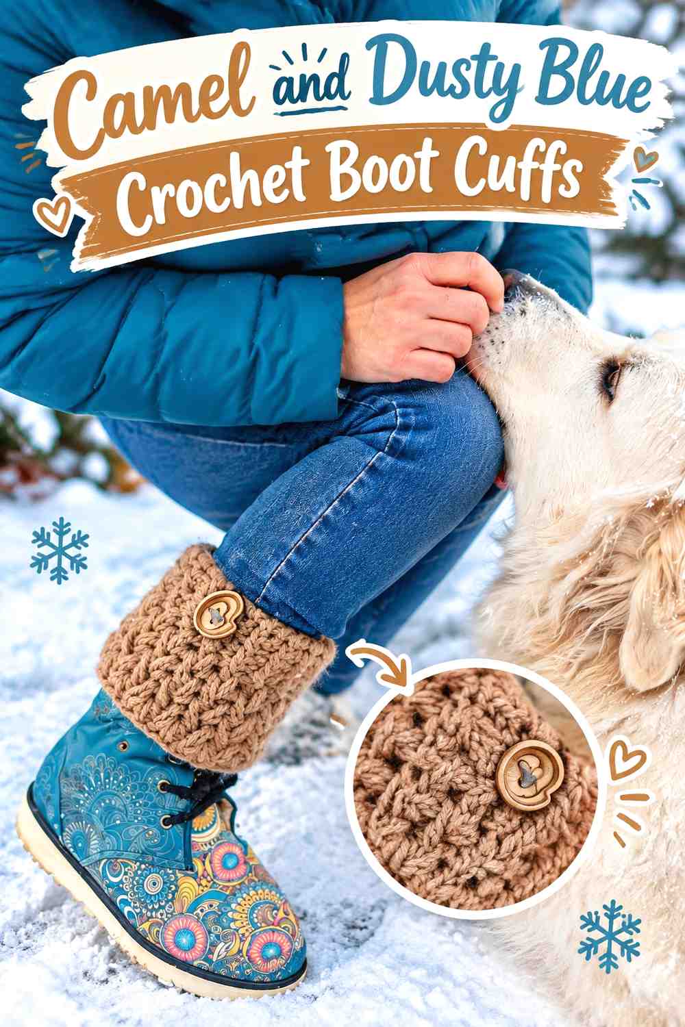 12. Camel And Dusty Blue Crochet Boot Cuffs
