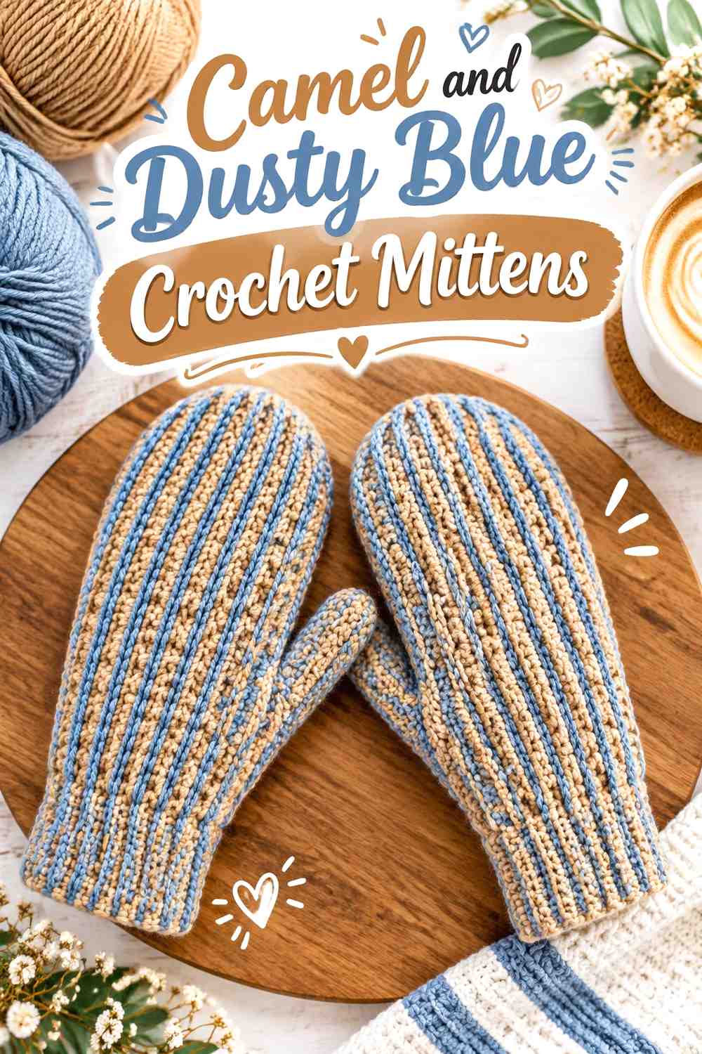 11. Camel And Dusty Blue Crochet Mittens