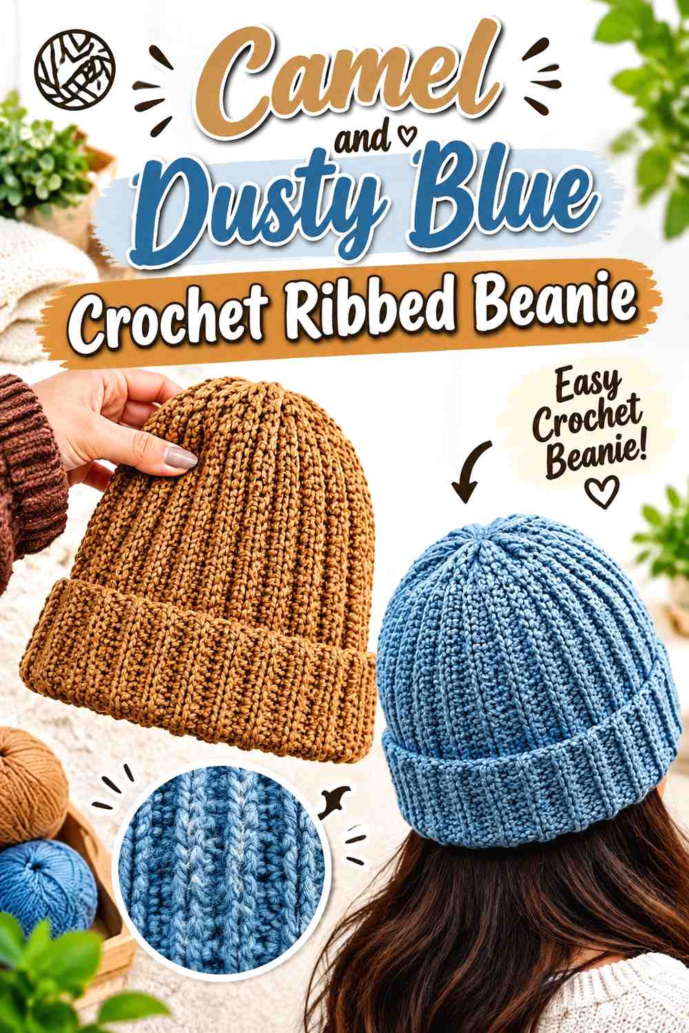 4. Camel And Dusty Blue Crochet Ribbed Beanie