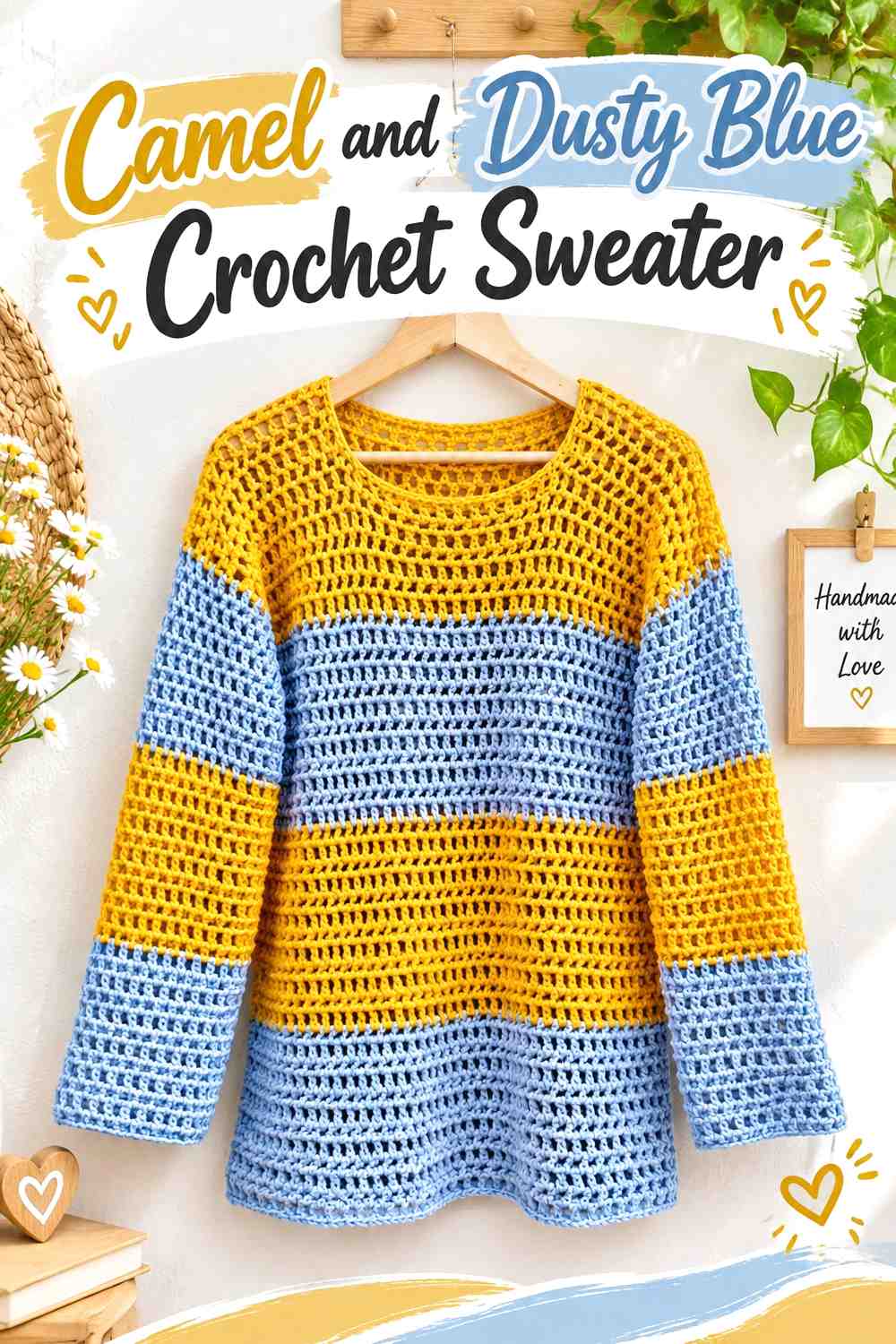 2. Camel And Dusty Blue Crochet Sweater