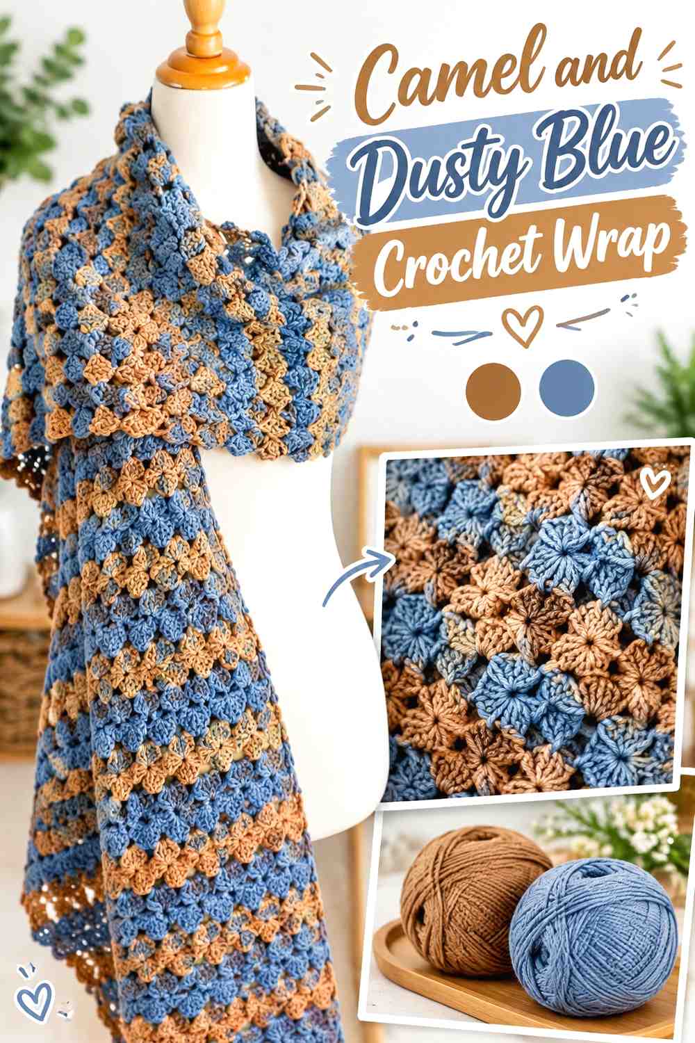 6. Camel And Dusty Blue Crochet Wrap