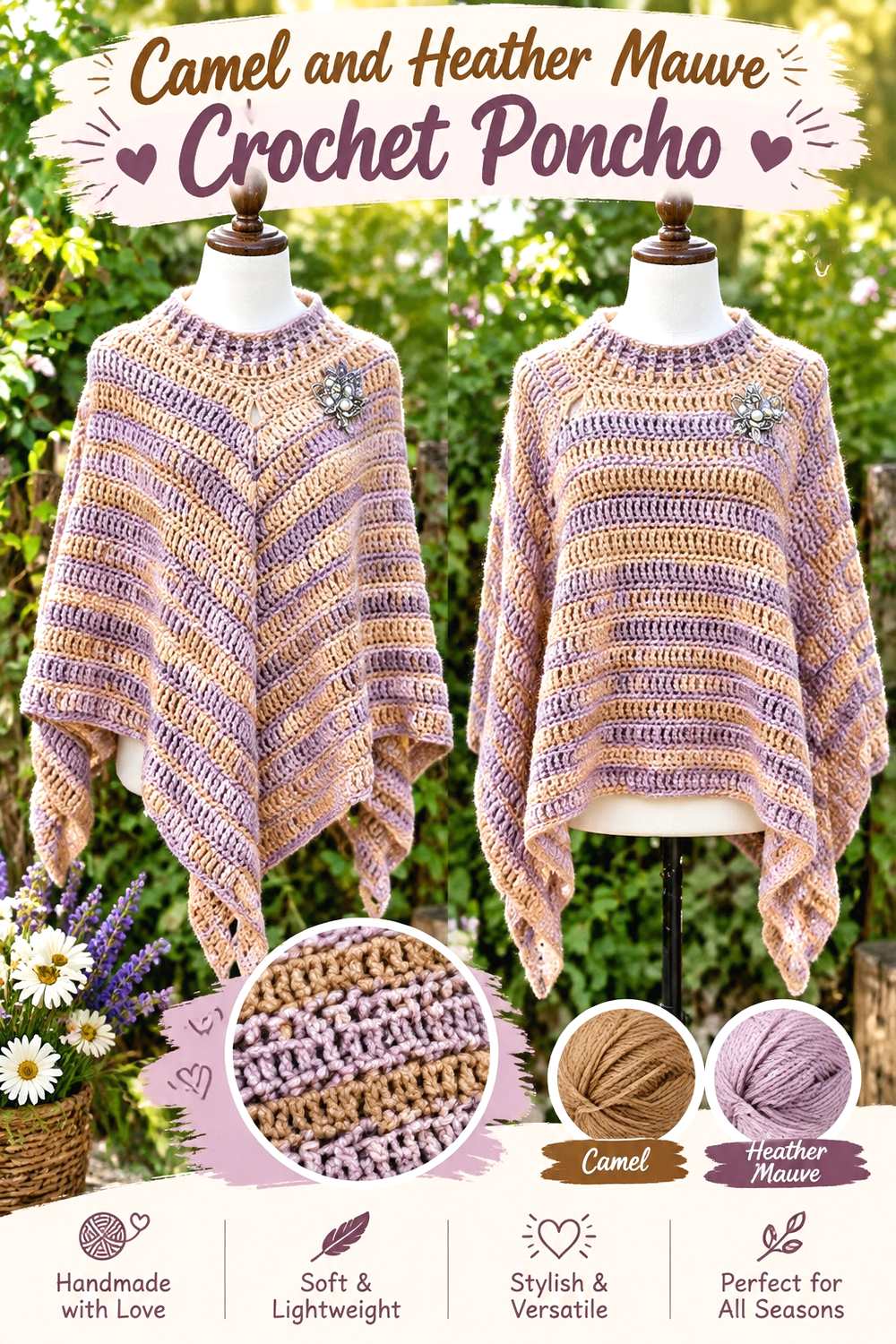 4. Camel And Heather Mauve Crochet Poncho