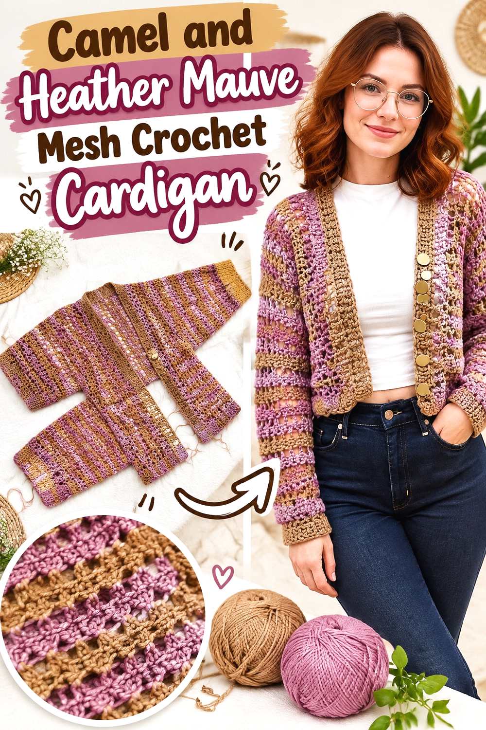 8. Camel And Heather Mauve Mesh Crochet Cardigan