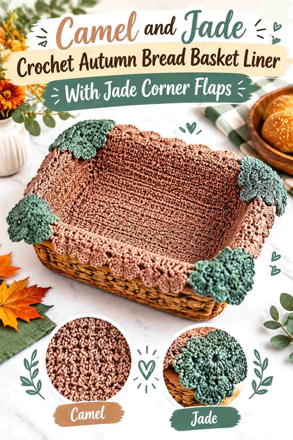 4. Camel And Jade Crochet Autumn Bread Basket Liner With Jade Corner Flaps