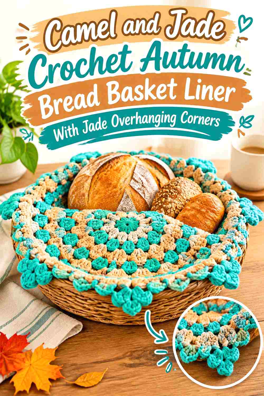 14. Camel And Jade Crochet Autumn Bread Basket Liner With Jade Overhanging Corners