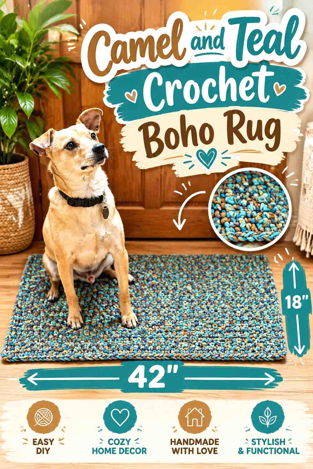 5. Camel And Teal Crochet Boho Rug