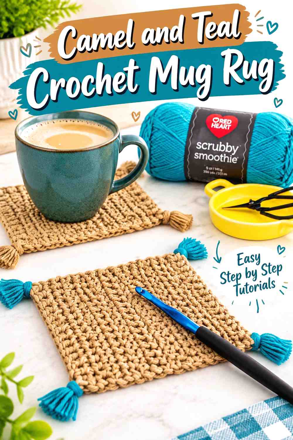 14. Camel And Teal Crochet Mug Rug