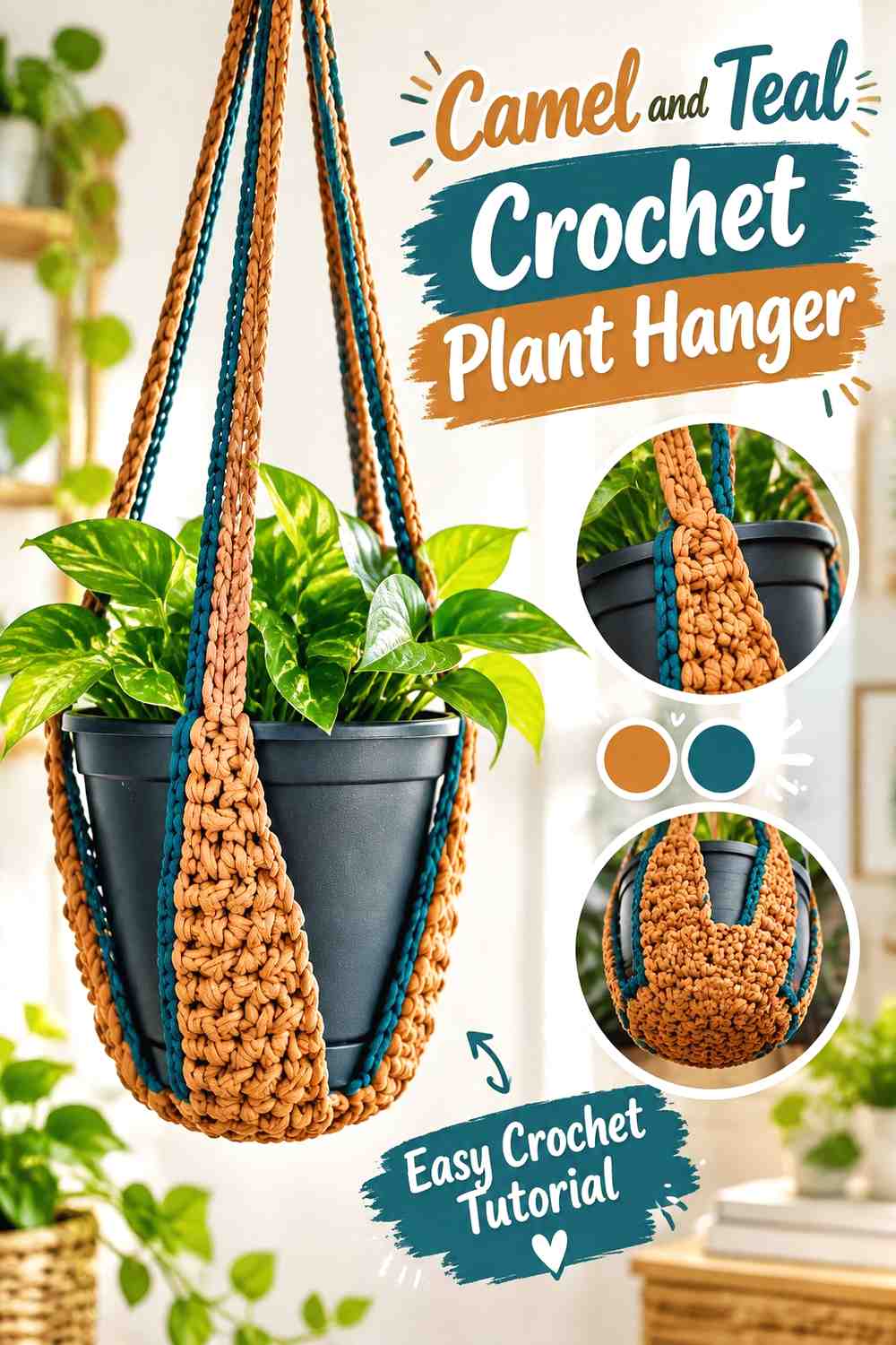 10. Camel And Teal Crochet Plant Hanger