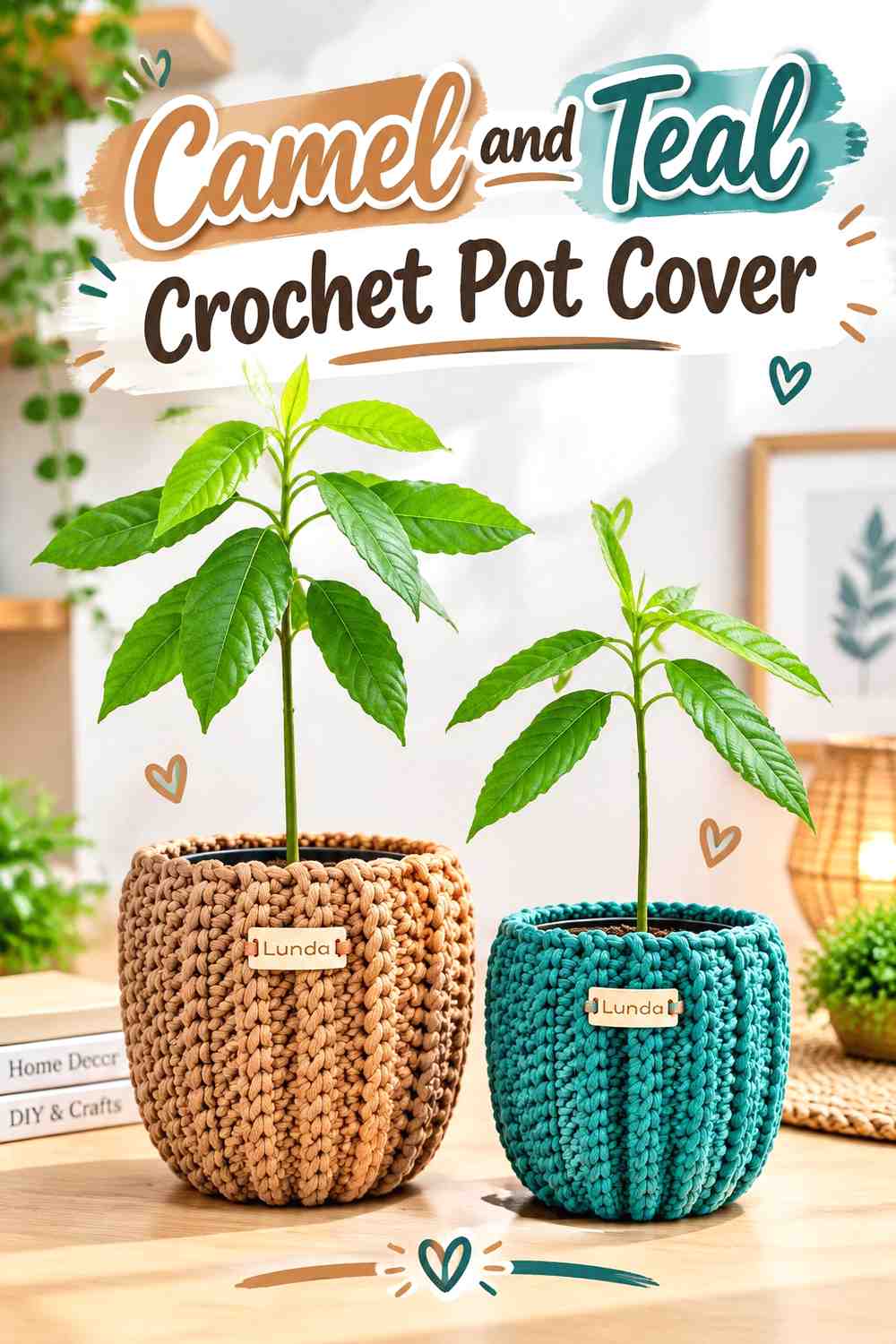 12. Camel And Teal Crochet Pot Cover