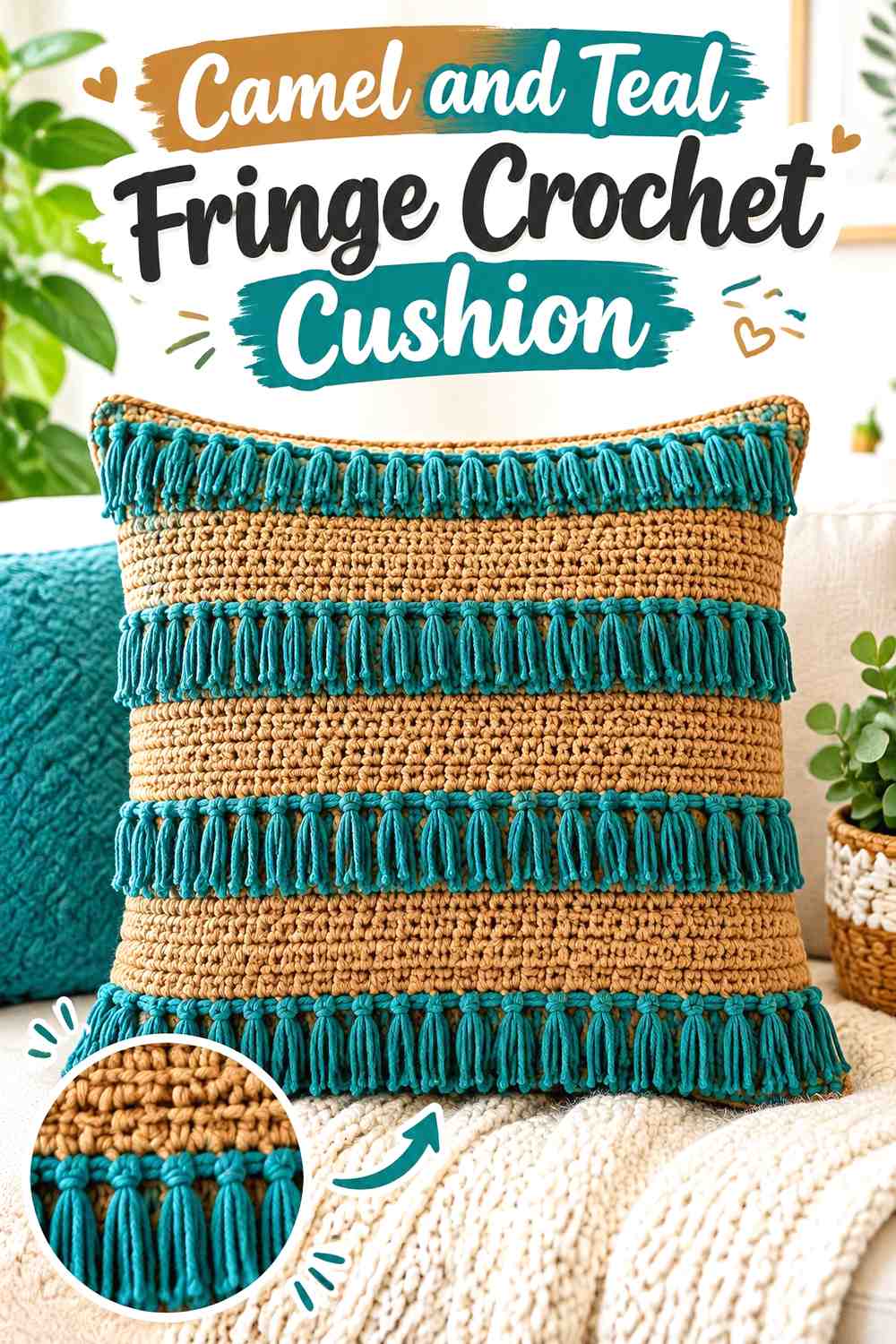 2. Camel And Teal Fringe Crochet Cushion