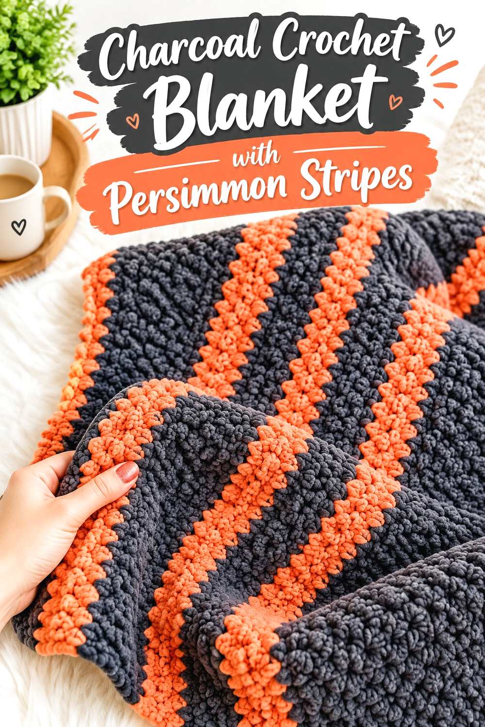4. Charcoal Crochet Blanket With Persimmon Stripes
