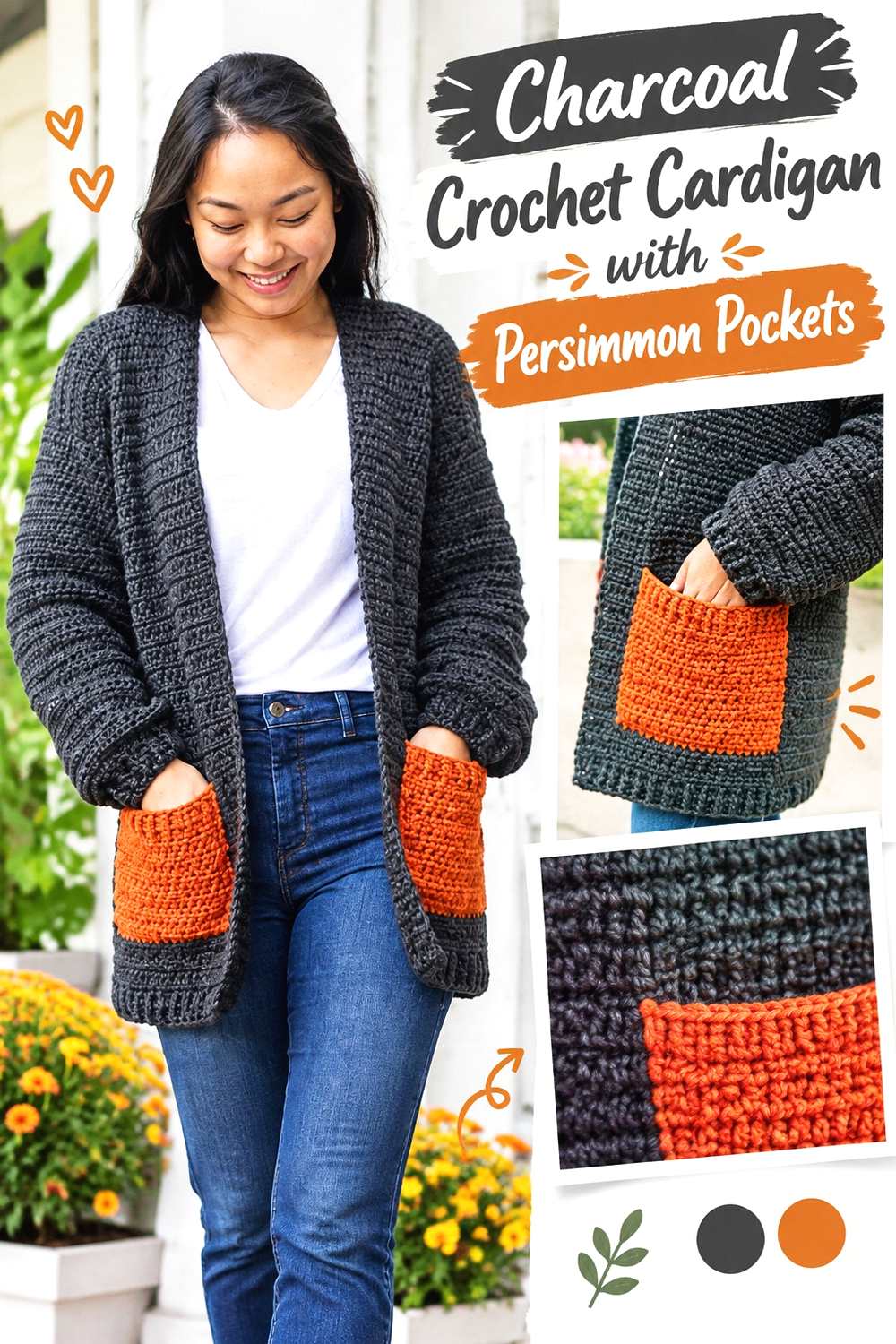 2. Charcoal Crochet Cardigan With Persimmon Pockets