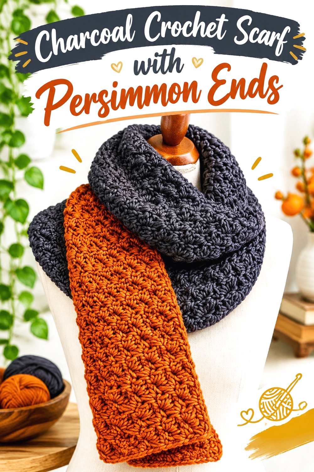 11. Charcoal Crochet Scarf With Persimmon Ends