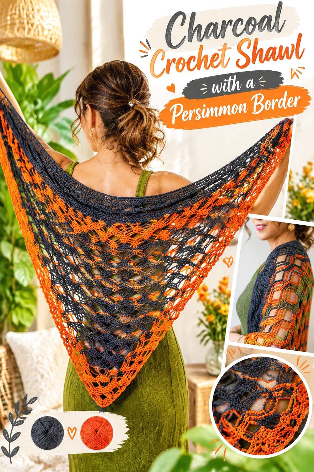 18. Charcoal Crochet Shawl With A Persimmon Border