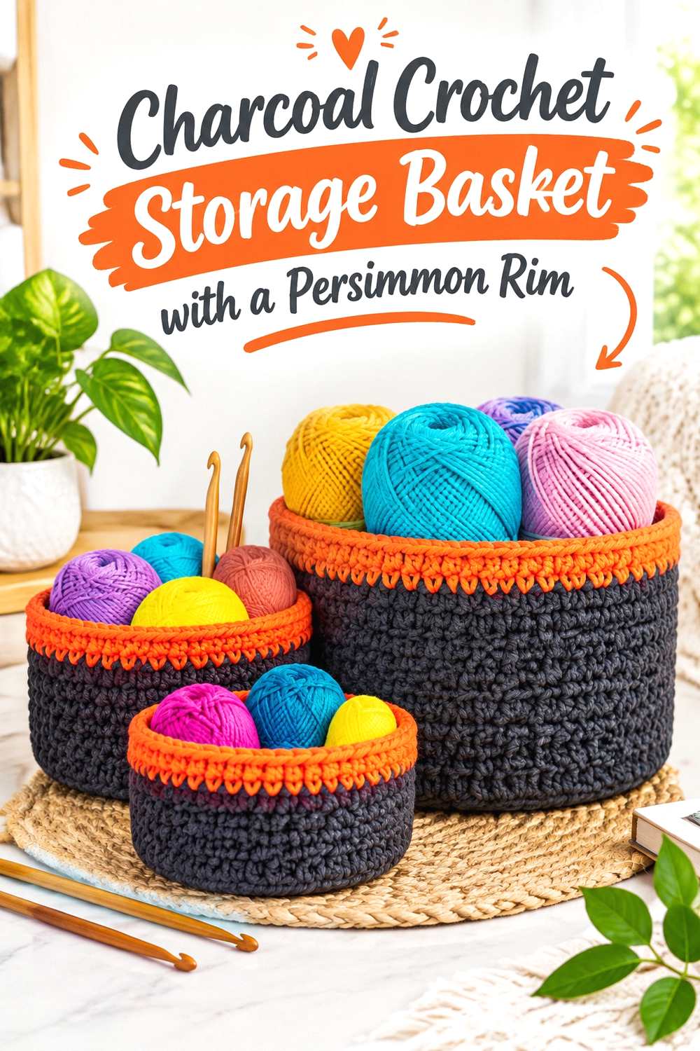 5. Charcoal Crochet Storage Basket With A Persimmon Rim