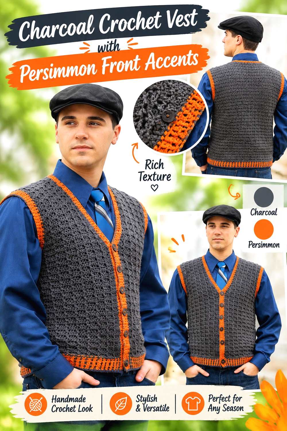 9. Charcoal Crochet Vest With Persimmon Front Accents