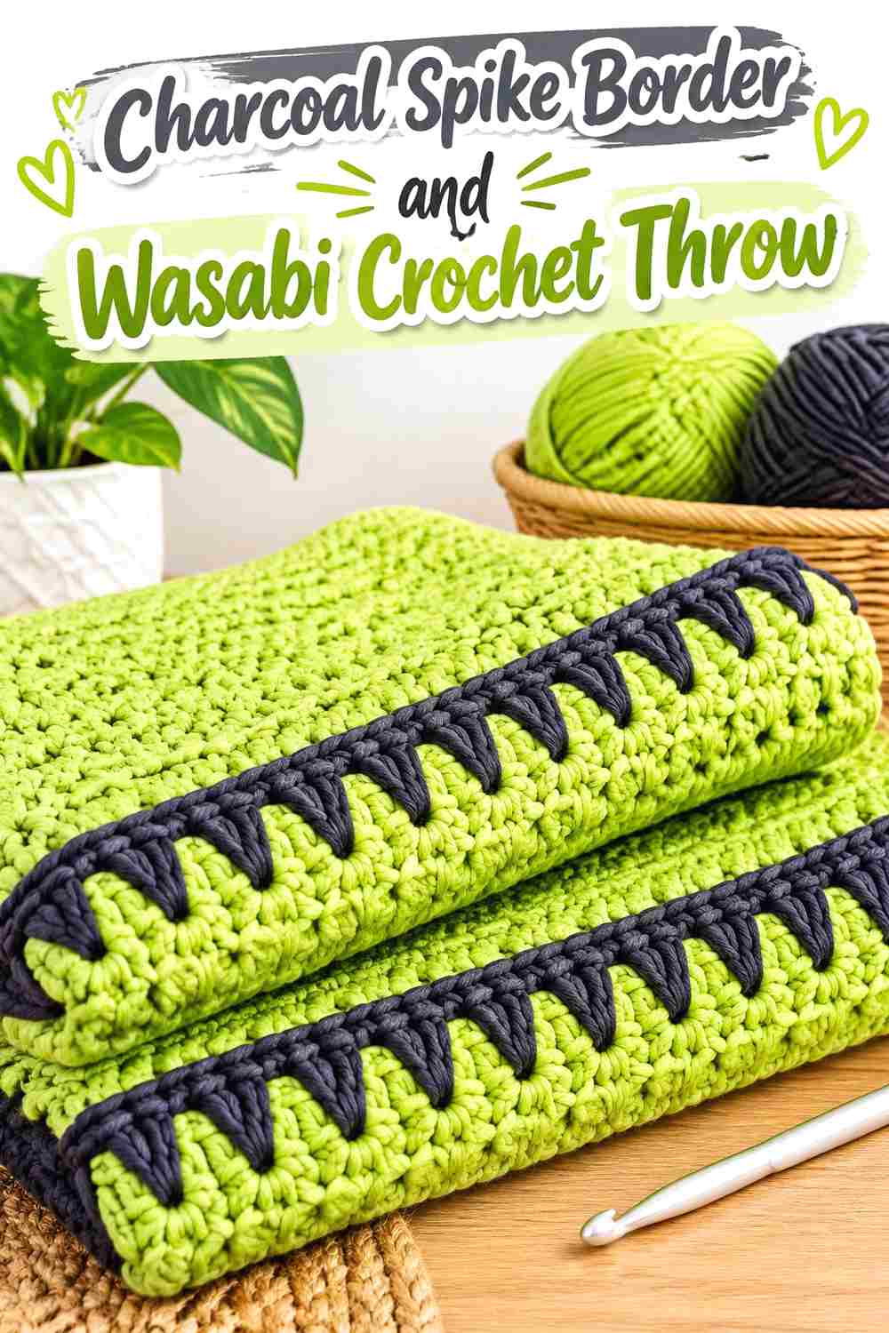 9. Charcoal Spike Border And Wasabi Crochet Throw