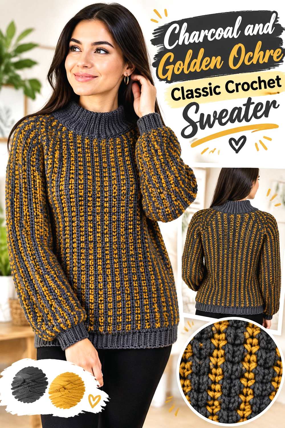 11. Charcoal And Golden Ochre Classic Crochet Sweater