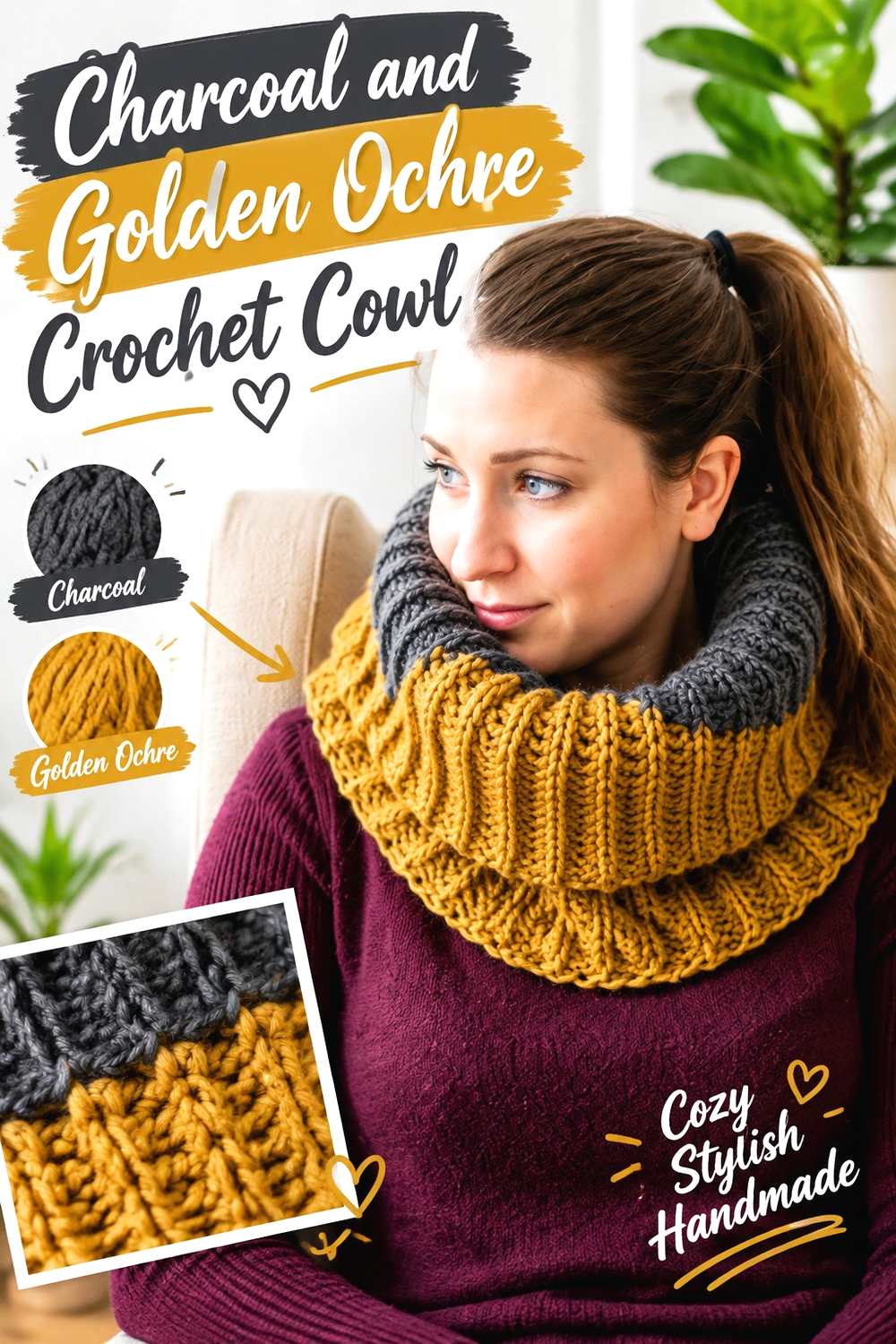 8. Charcoal And Golden Ochre Crochet Cowl