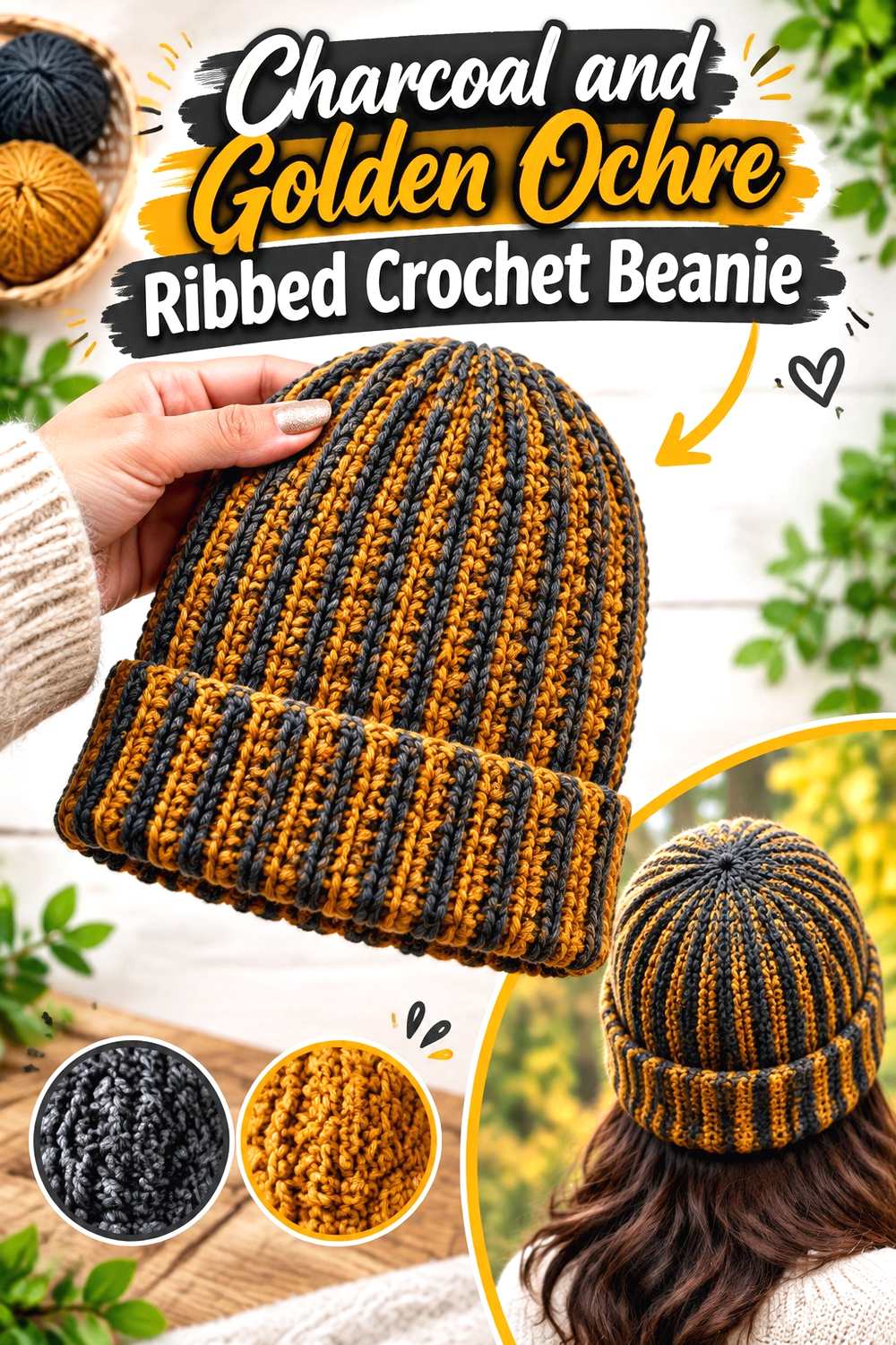 3. Charcoal And Golden Ochre Ribbed Crochet Beanie
